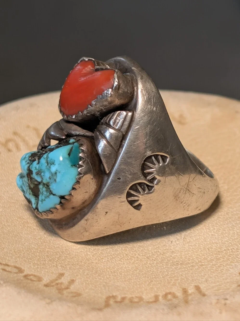Vintage Navajo Sterling Turquoise Coral Ring Chunky 28g Signed Native American